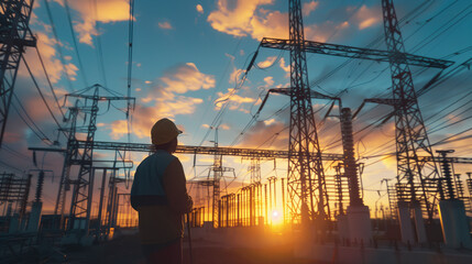 Electrical substation engineer inspect modern high-voltage equipment.