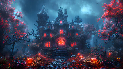 Obraz premium A haunted house surrounded by skeleton decorations on Halloween night,