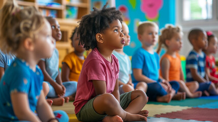 Happy Group of kids sitting on floor in circle around with teacher in library for listening a story