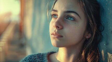 A woman leaning against a wall with a train passing in the background. Suitable for transportation or urban lifestyle concepts