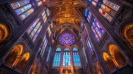 Obraz premium majestic low-angle view of a cathedrals stained glass windows during a religious ceremony, using vibrant watercolors for a heavenly glow and intricate details in the architecture