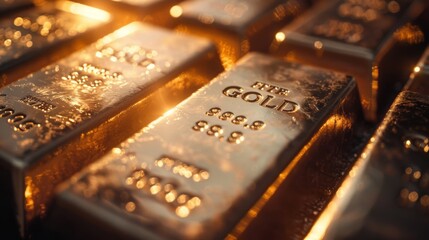 Close-up of gold bars with engraved serial numbers, placed on a polished surface
