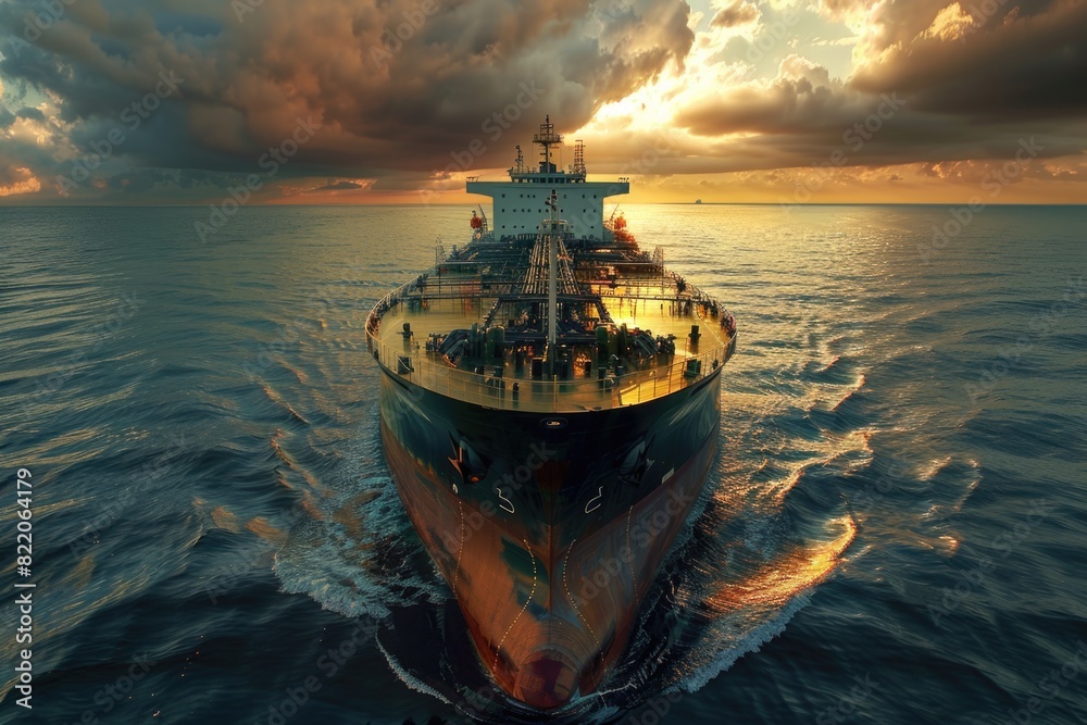 Poster a large cargo ship sailing on the open sea. suitable for transportation and logistics concepts