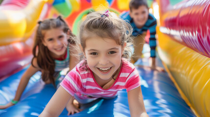 Happy kids playing on the inflatable bounce