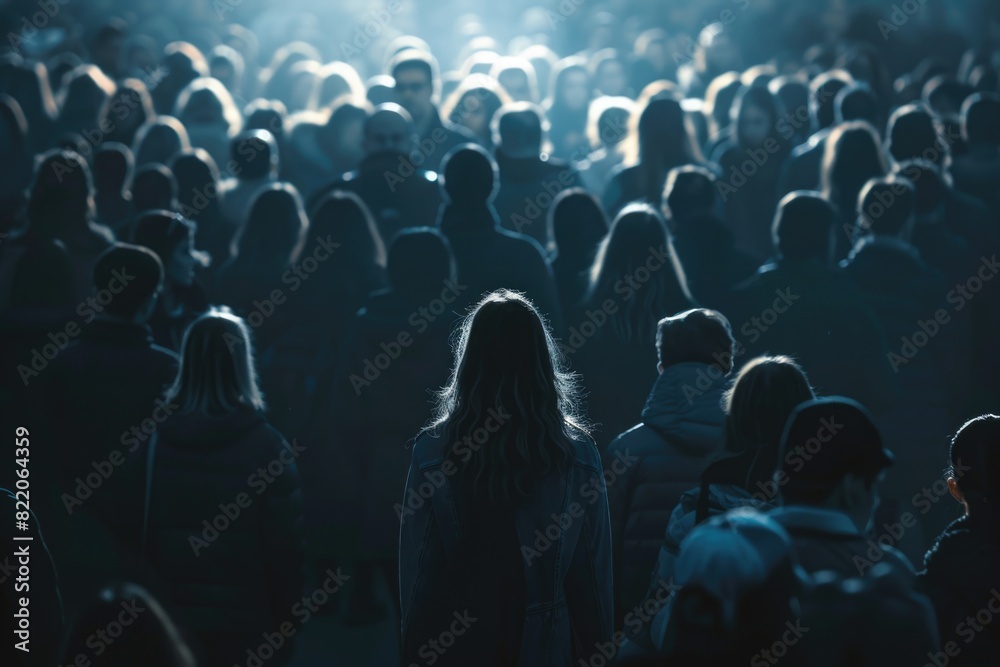 Poster a crowd of people standing in front of a bright light. suitable for various events and celebrations