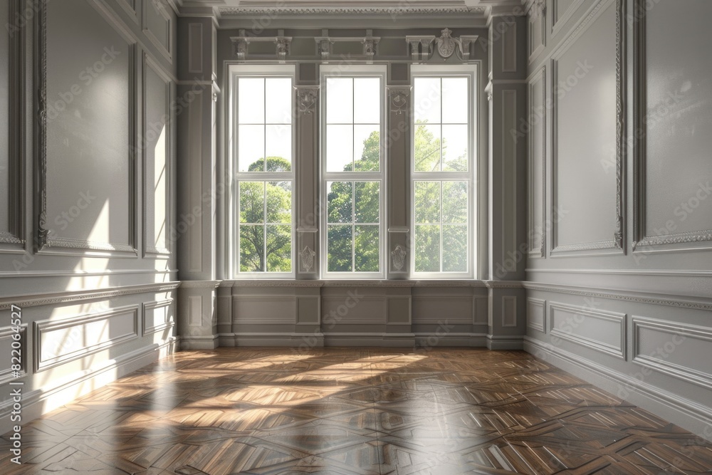 Poster an empty room with wood floors and large windows. suitable for interior design concepts