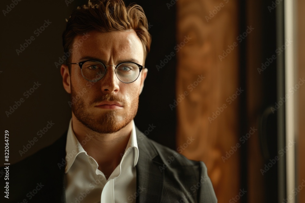 Poster a man in a suit and glasses looking at the camera. suitable for business and professional concepts