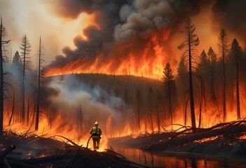 Fototapeta premium An intense forest blaze ignites, fueled by dry conditions and strong winds, creating an inferno that challenges firefighters and endangers both land and life.