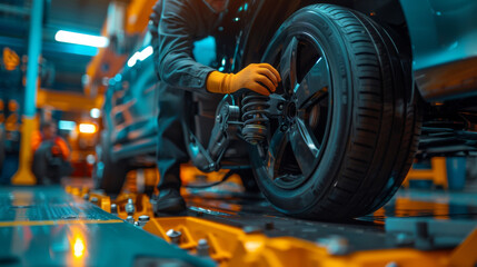 Fototapeta premium Detailed view of a mechanic inspecting an EV car's suspension system