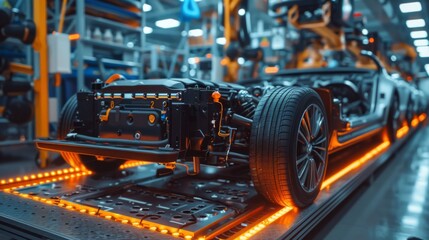 Fototapeta premium Detailed view of an EV car's battery being tested and serviced