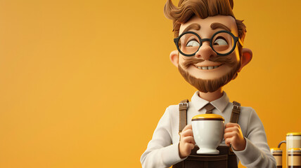 3d barista character in eyeglasses holding a cup of coffee on isolated color background with space for copy
