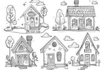 Obraz premium A set of hand drawn houses and trees, perfect for architectural designs and nature themes