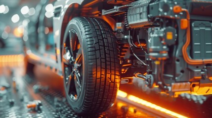 Fototapeta premium Detailed view of an EV car's cooling system being serviced by a technician