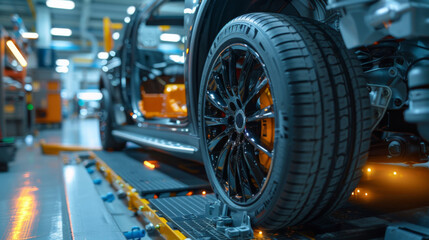 Fototapeta premium Detailed view of an EV car's regenerative braking system being serviced
