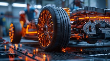 Fototapeta premium Detailed view of an EV car's undercarriage with mechanics working on the drivetrain