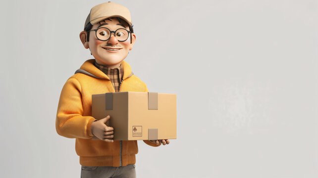 3d delivery man character in eyeglasses holding a parcel box on isolated color background with space for copy