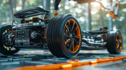 Fototapeta premium Detailed view of an EV car's undercarriage with mechanics working on the drivetrain