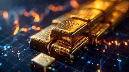 Detailed view of gold bars being cataloged with trading chart overlays