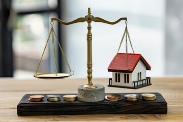 model of the house on the scales. Real estate concept, balance between budget and quality of housing