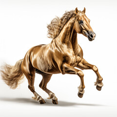 Realistic photograph of golden horse was prancing, solid stark white background