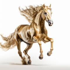 Realistic photograph of golden horse was prancing, solid stark white background.