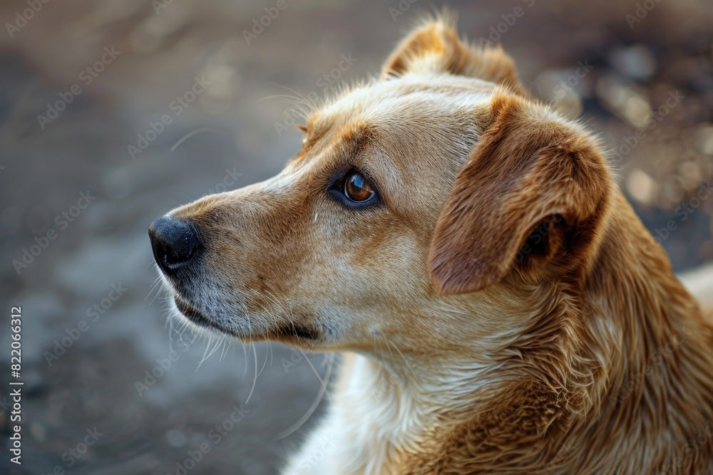 Poster a close-up shot of a dog with a blurry background. suitable for various projects