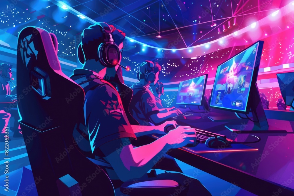 Poster a couple sitting together at a computer desk. suitable for technology and teamwork concepts