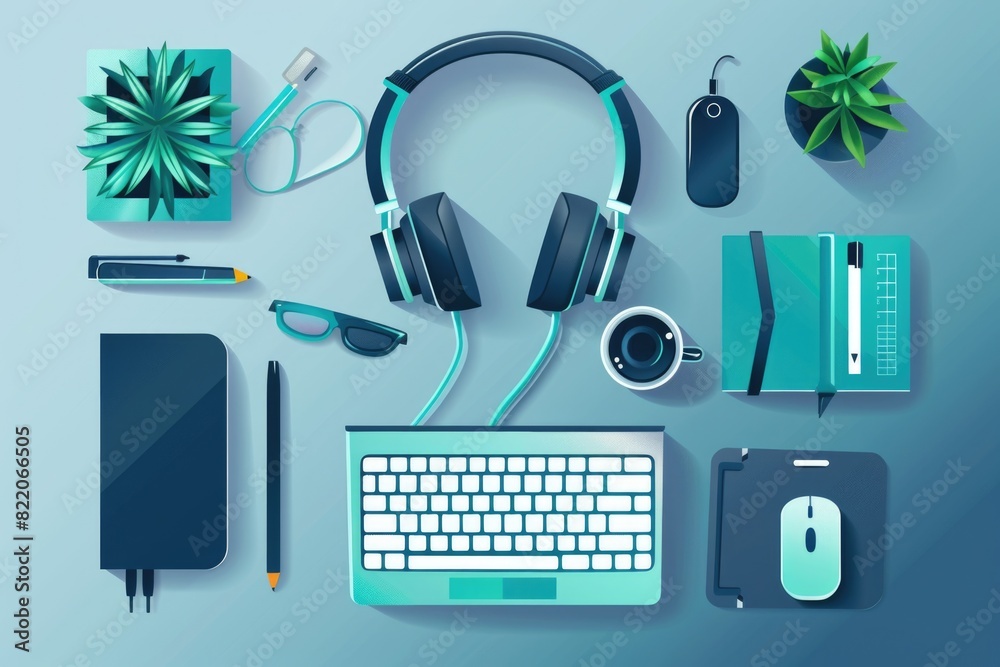 Poster a modern office desk setup with keyboard, headphones, notebook, and phone. suitable for technology a