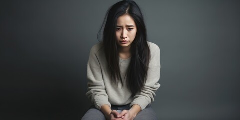 Gray background sad Asian Woman Portrait of young beautiful bad mood expression Woman Isolated on Background depression anxiety fear burn out health 