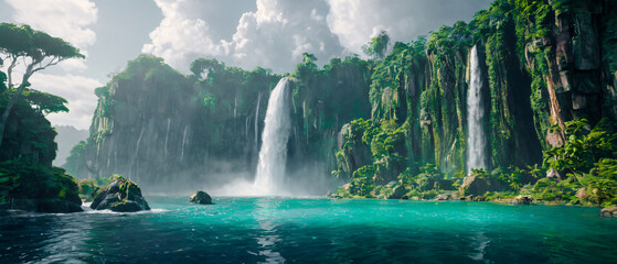 Majestic waterfall landscape with multiple cascading falls, lush green islands, misty atmosphere, and dramatic clouds, creating a serene and breathtaking natural paradise Wallpaper Digital Art Poster 