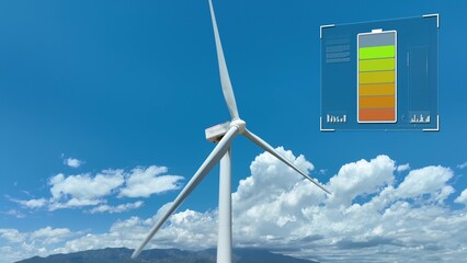 Wind turbine against a blue sky with clouds, overlaid with a transparent battery charge 3D graphic....