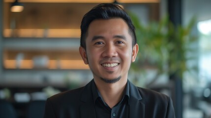 Obraz premium Professional Asian Man Smiling Indoors, Confident Business Attire for Corporate Setting, Modern Office Background