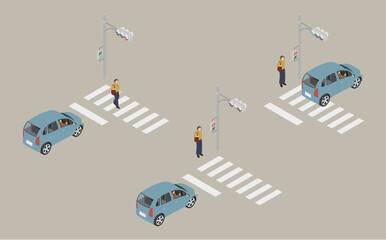 アイソメトリックイラスト：車と信号機と横断歩道
