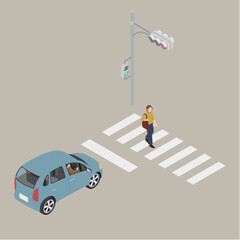 アイソメトリックイラスト：車と信号機と横断歩道1