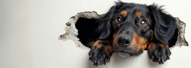 Dog peeking through a hole in the wall. Pet and animal curiosity concept. Banner with copy space
