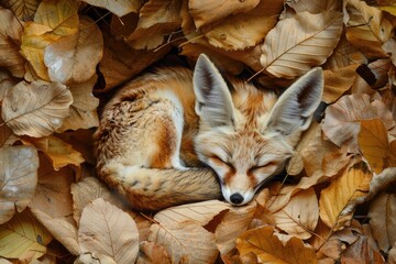 A fox curled up sleeping in a pile of leaves. Suitable for nature and wildlife themes