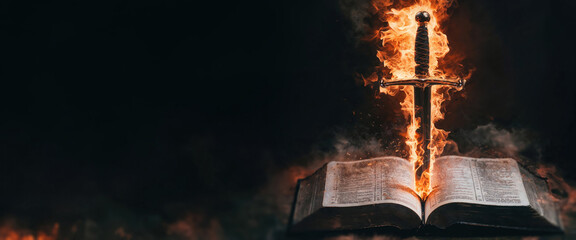 Sword of the spirit. Holy bible. For the word of God is living and active, sharper than any double-edged sword. Flaming sword of the spirit and the word of god concept art. With copy space.