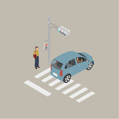 アイソメトリックイラスト：車と信号機と横断歩道3