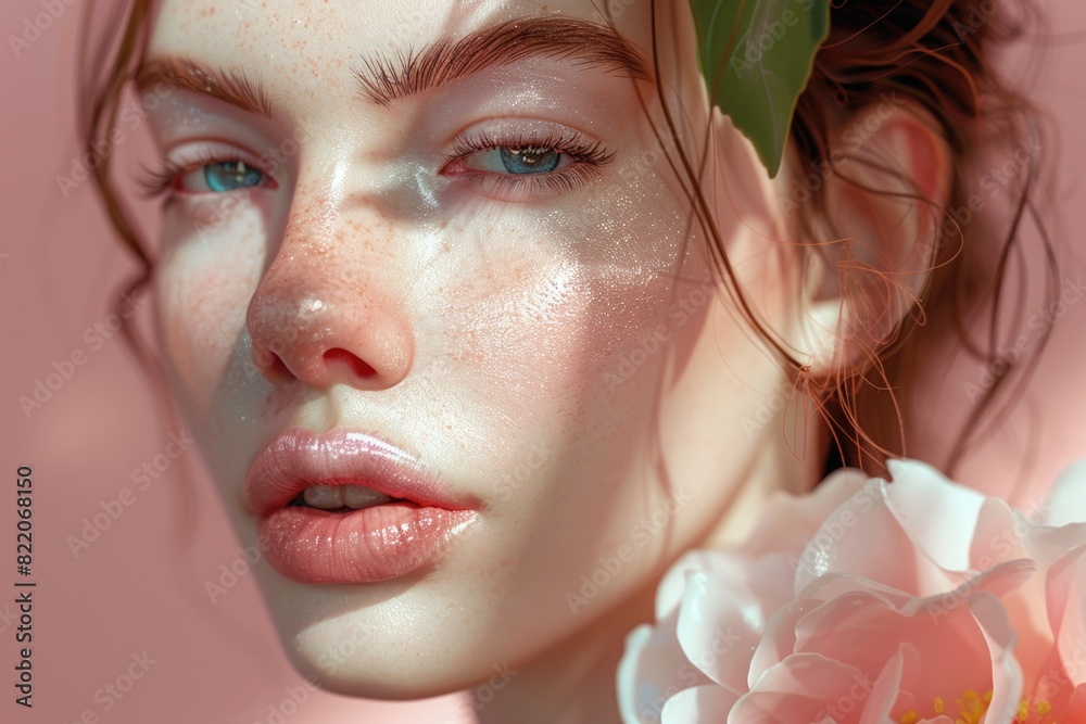 Poster Close up of a woman with a flower in her hair, perfect for beauty or fashion concepts