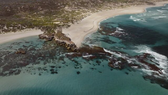 Aerial view of Hanson Bay Beach with turquoise water and remote rock formations, Kangaroo Island, Australia.
