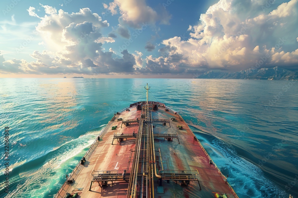 Poster a large cargo ship navigating the open sea. suitable for transportation and travel concepts