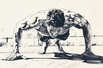 A black and white drawing of a man doing push ups. Suitable for fitness and health concepts
