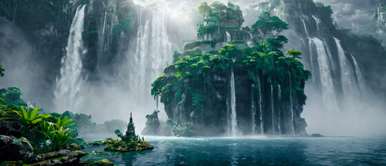 Majestic waterfall landscape with multiple cascading falls, lush green islands, misty atmosphere, and dramatic clouds, creating a serene and breathtaking natural paradise Wallpaper Digital Art Poster 