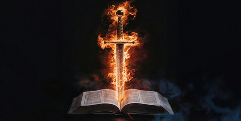 Sword of the spirit. Holy bible. For the word of God is living and active, sharper than any double-edged sword. Flaming sword of the spirit and the word of god concept art. Open bible. 