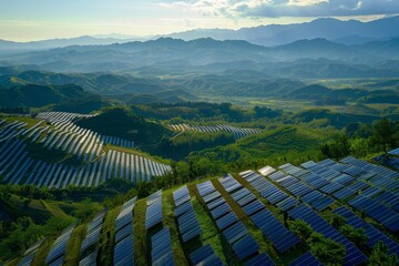 Aerial view of solar panels on a vast landscape, highlighting renewable energy production and sustainable technology in a rural setting.

