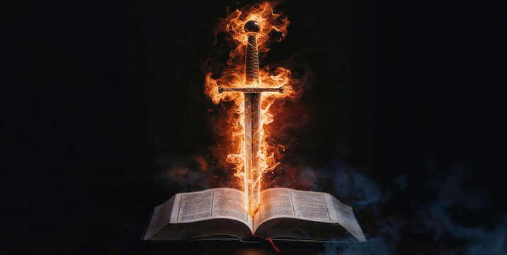 Sword of the spirit. Holy bible. For the word of God is living and active, sharper than any double-edged sword. Flaming sword of the spirit and the word of god concept art. Open bible. 
