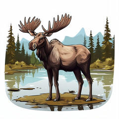 big deer in the river with beautiful natural views