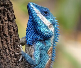 Blue Crested Lizard climbing a tree trunk and holding on tightly