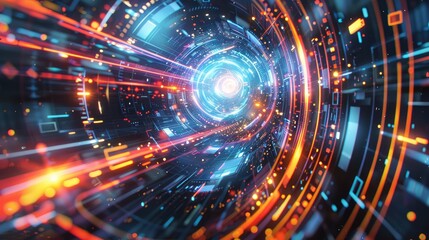 Obraz premium A high-tech futuristic background featuring glowing light trails and abstract digital elements, designed to evoke a sense of cutting-edge technology and cyberpunk culture