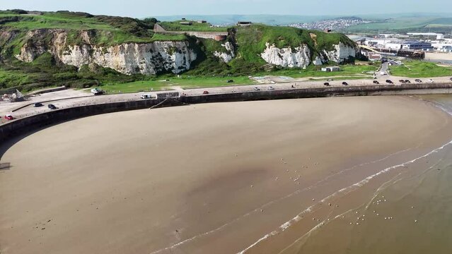 Drone footage over Newhaven, East Sussex England. West beach, the fort, town and Newhaven to Dieppe ferry port can all be seen.
